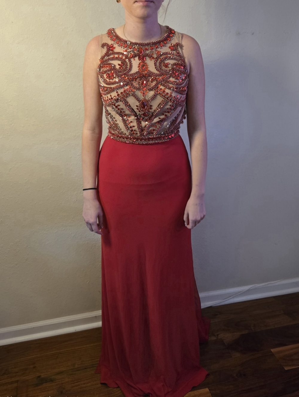 Sherri Hill Red Beaded Illusion Bodice Evening Gown